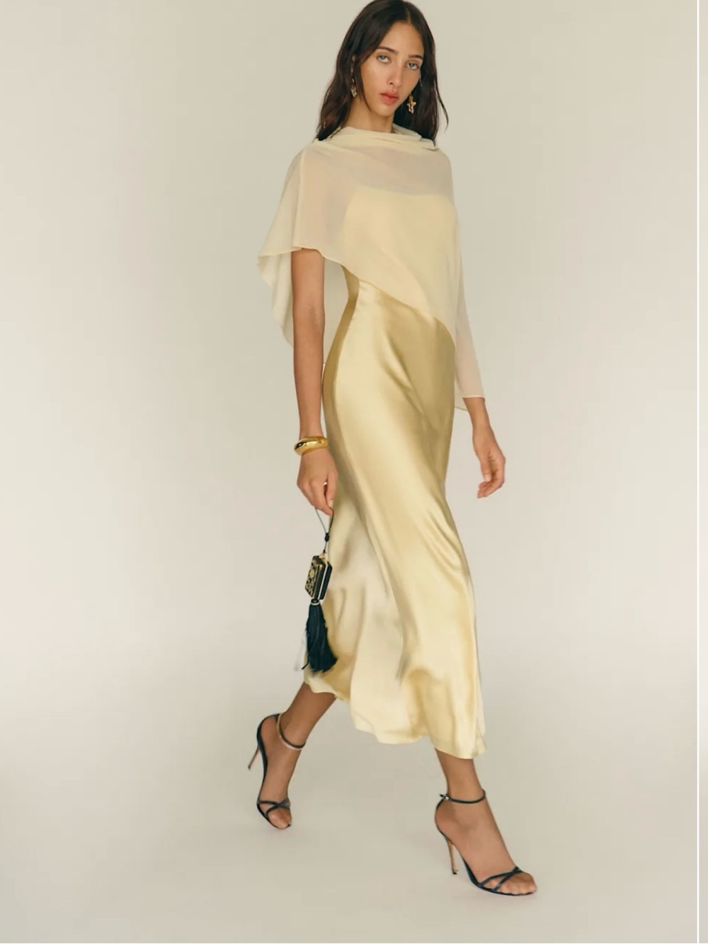 Elegant yellow satin dress with chiffon Draped